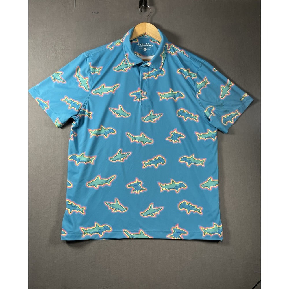 Chubbies Polo Shirt Mens Large Tropical Beach Graphic Golf Stretch Sharks